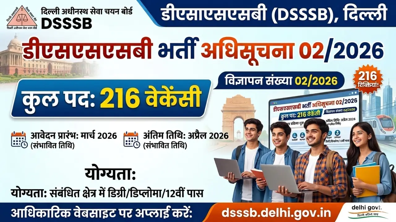 DSSSB Recruitment 02/2026: 216 Vacancy Notification PDF, Eligibility, Apply Online banner - Diploma Jobs 2026 Apply Online