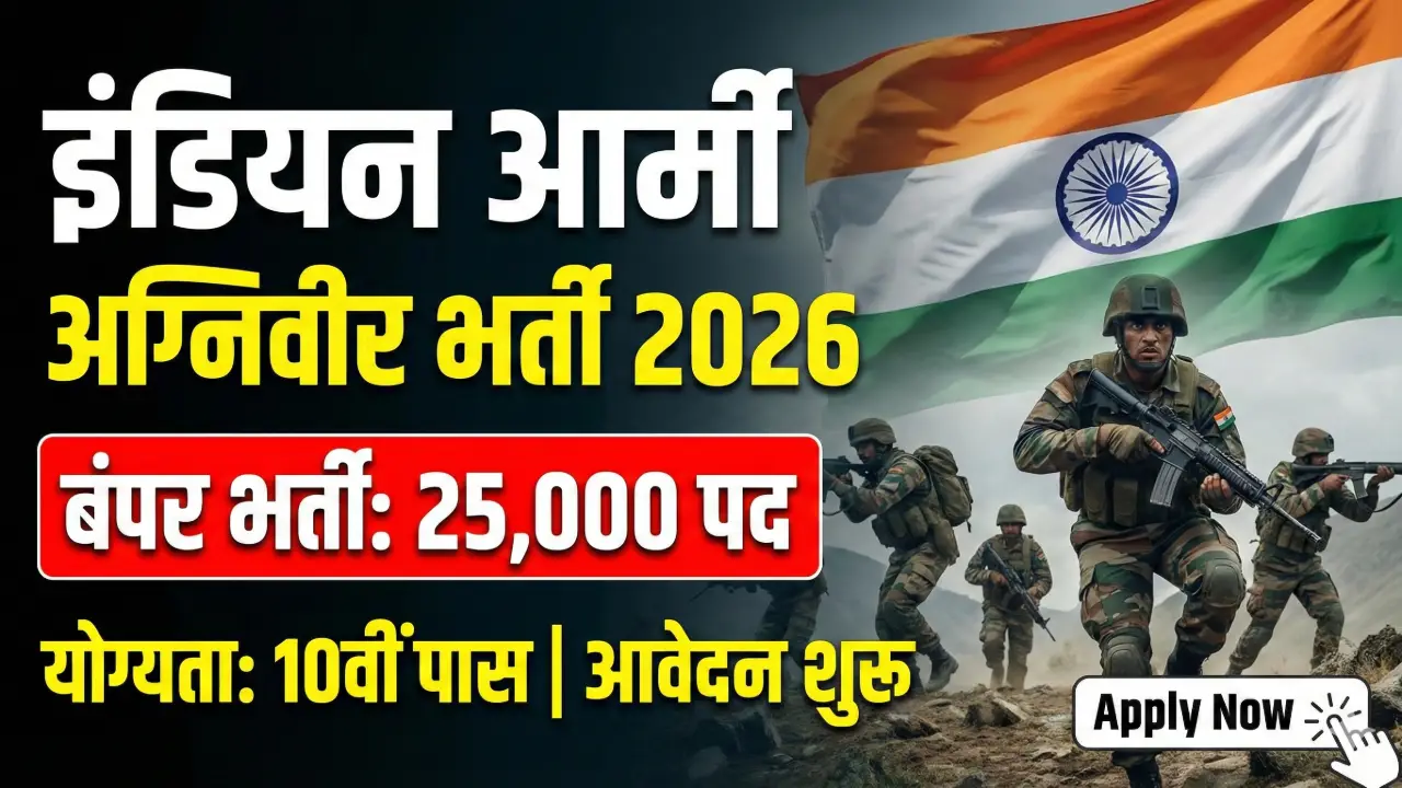 Indian Army Agniveer Recruitment 2026: 25,000 पदों पर भर्ती, 10वीं पास करें online Apply Direct Link banner - 8th Pass Government Jobs 2026