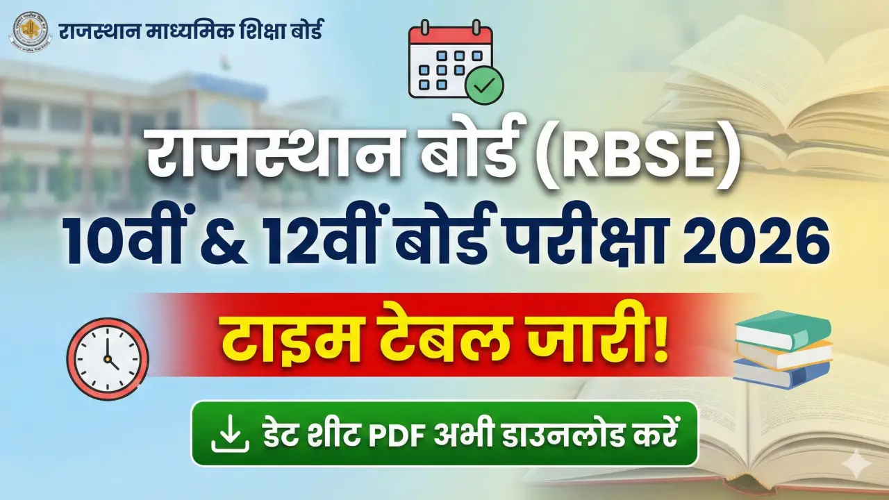 Rajasthan Board 10th 12th Time Table 2026 OUT: RBSE 10वीं 12वीं बोर्ड परीक्षा डेट शीट PDF डाउनलोड banner