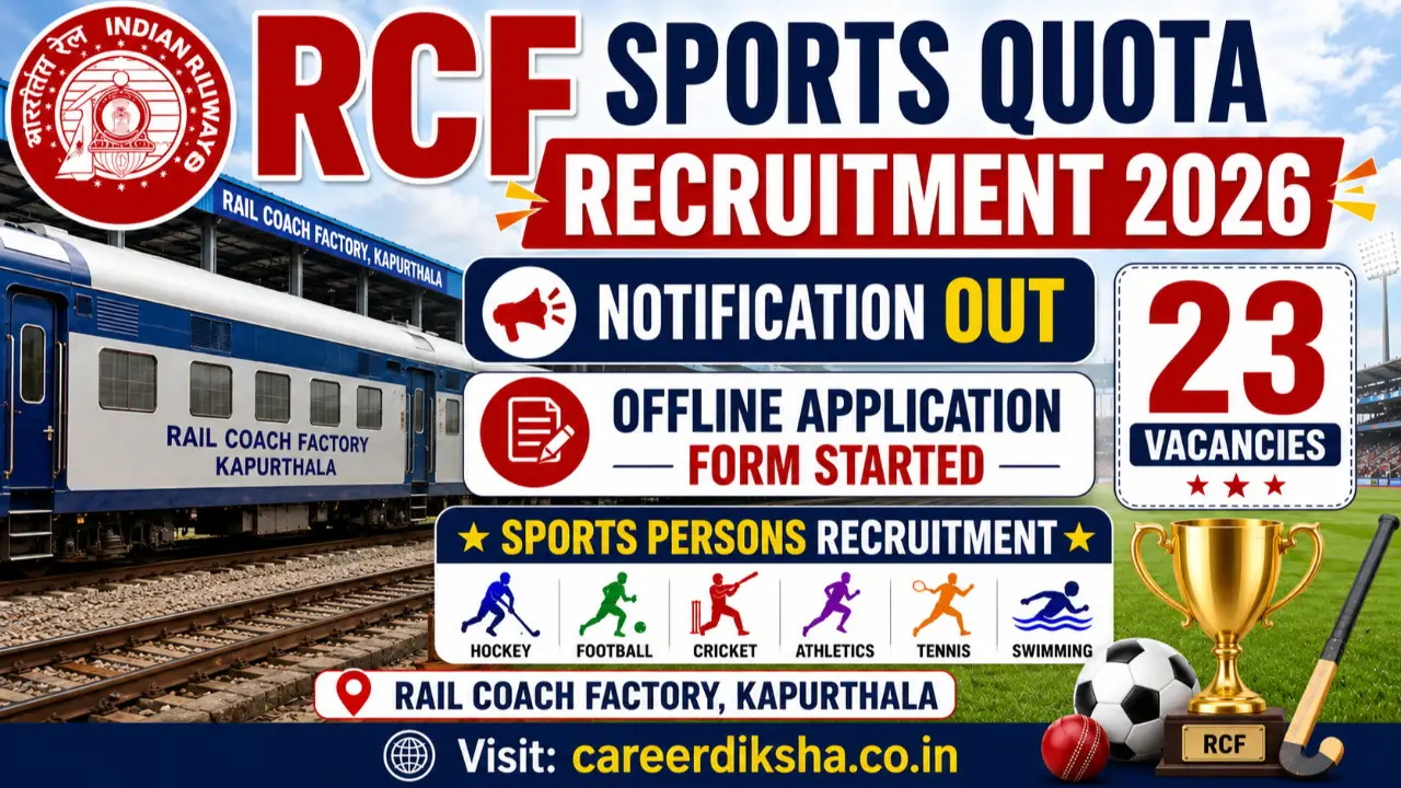 रेल कोच फैक्ट्री (RCF) स्पोर्ट्स कोटा भर्ती 2026: 23 पदों पर भर्ती का नोटिफिकेशन जारी, apply Now banner